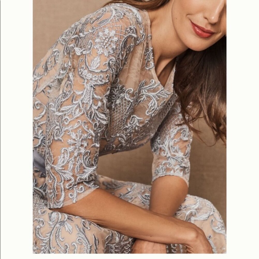 Anthropologie BHLDN | Lace Overlay Midi Dress | Nude & Blue | Size 8 | NWOT - Picture 3 of 6